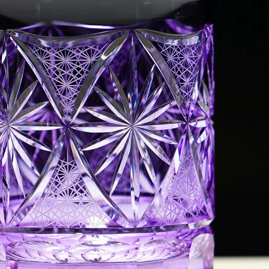 Japanese Kiriko rocks glass, Ginwan no Hana glass, Edo Kiriko drinking glass, traditional Japanese cut glass, purple Kiriko glass, blue and orange Kiriko glass, hand-cut Japanese glassware, chrysanthemum motif glass Japan, Tokyo artisan glass, Japanese starburst glass design, collectible Kiriko tumbler, handmade soda glass Japan, luxury Japanese cut glass, Japanese cultural gift glass, Edo Kiriko chrysanthemum cut glass